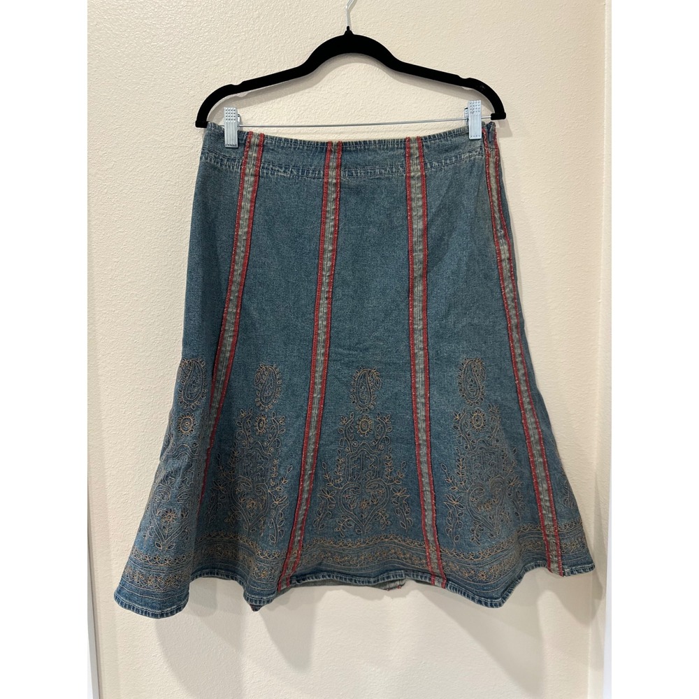 Y2K Motto Midi Skirt Blue Denim Paisley Western Style Embroidered Red Stitch 12